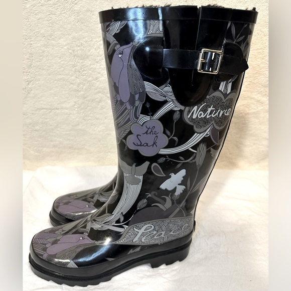 THE SAK “peace nature happy free” rain boots mud Wellies purple black design - Picture 2 of 10